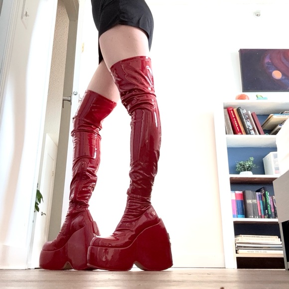 Naked Wolfe Shoes - Nakedwolfe Mika Over the Knee / Thigh High Chunky Platform Boots Red 9